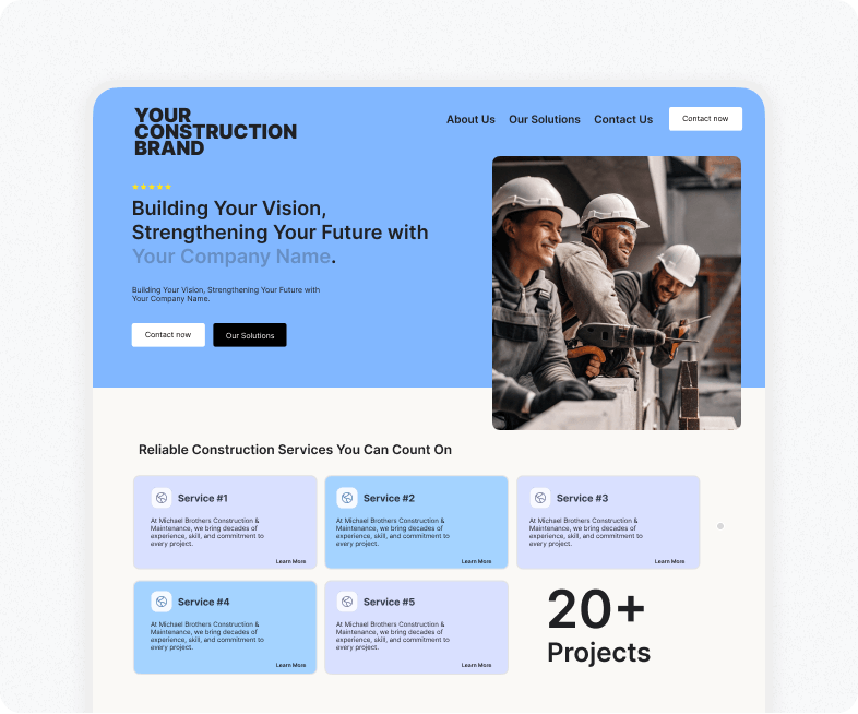 Website preview showing construction company homepage